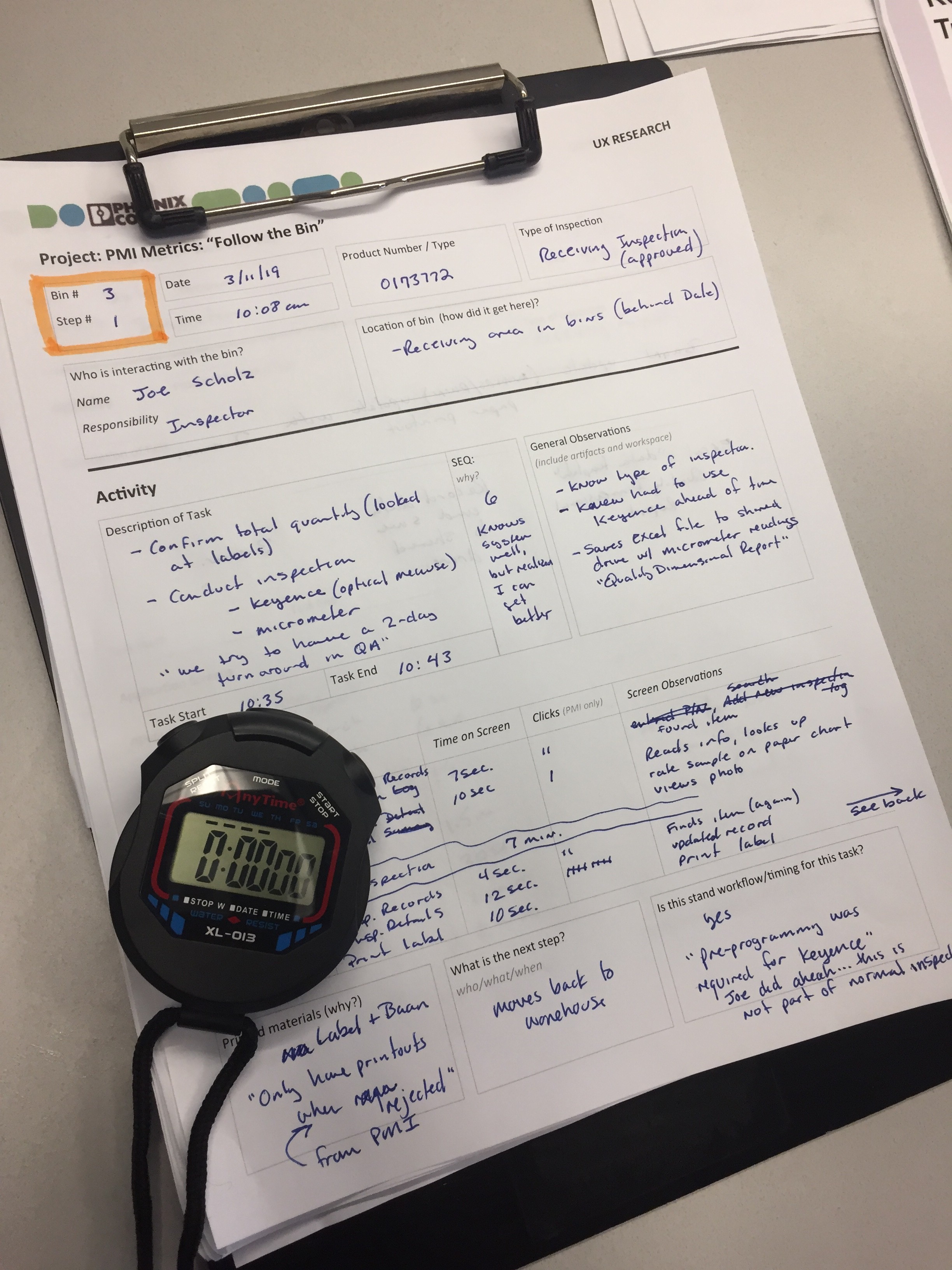 Clipboard used for baseline metrics and contextual observations