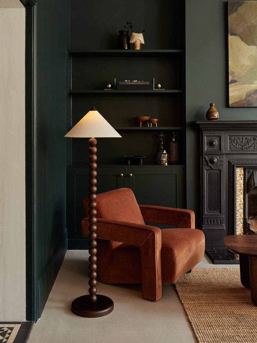 Archie floor lamp – smoked oak base with conical lampshade and wooden cap