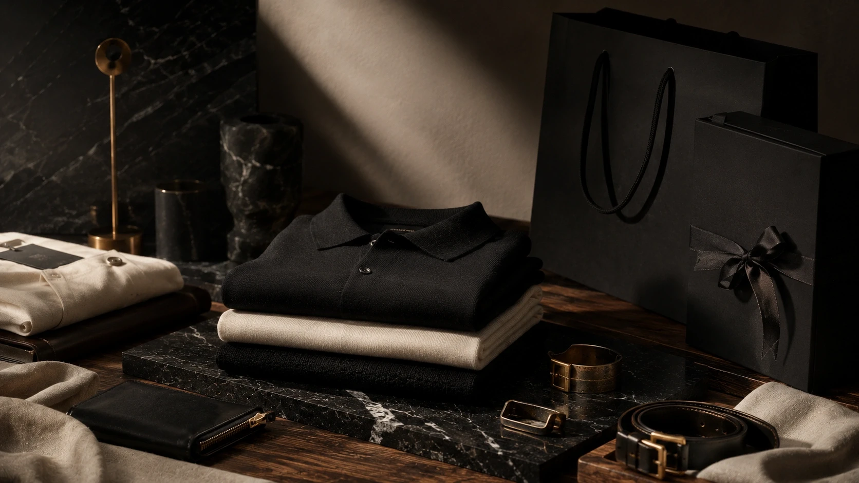Luxury fashion brand still life featuring folded garments, leather accessories, premium packaging, and elegant editorial styling.