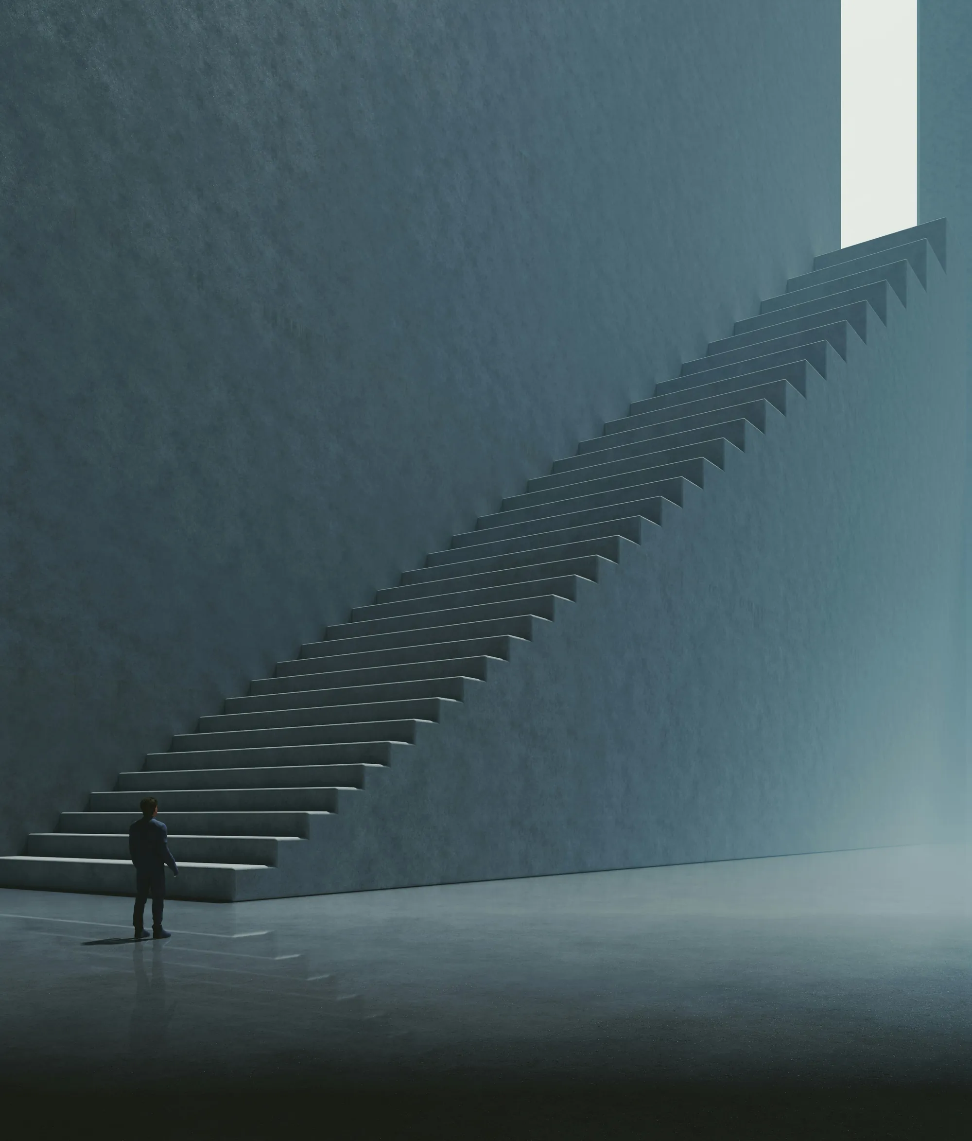 A small figure at the foot of a monumental dark staircase rising toward a bright opening