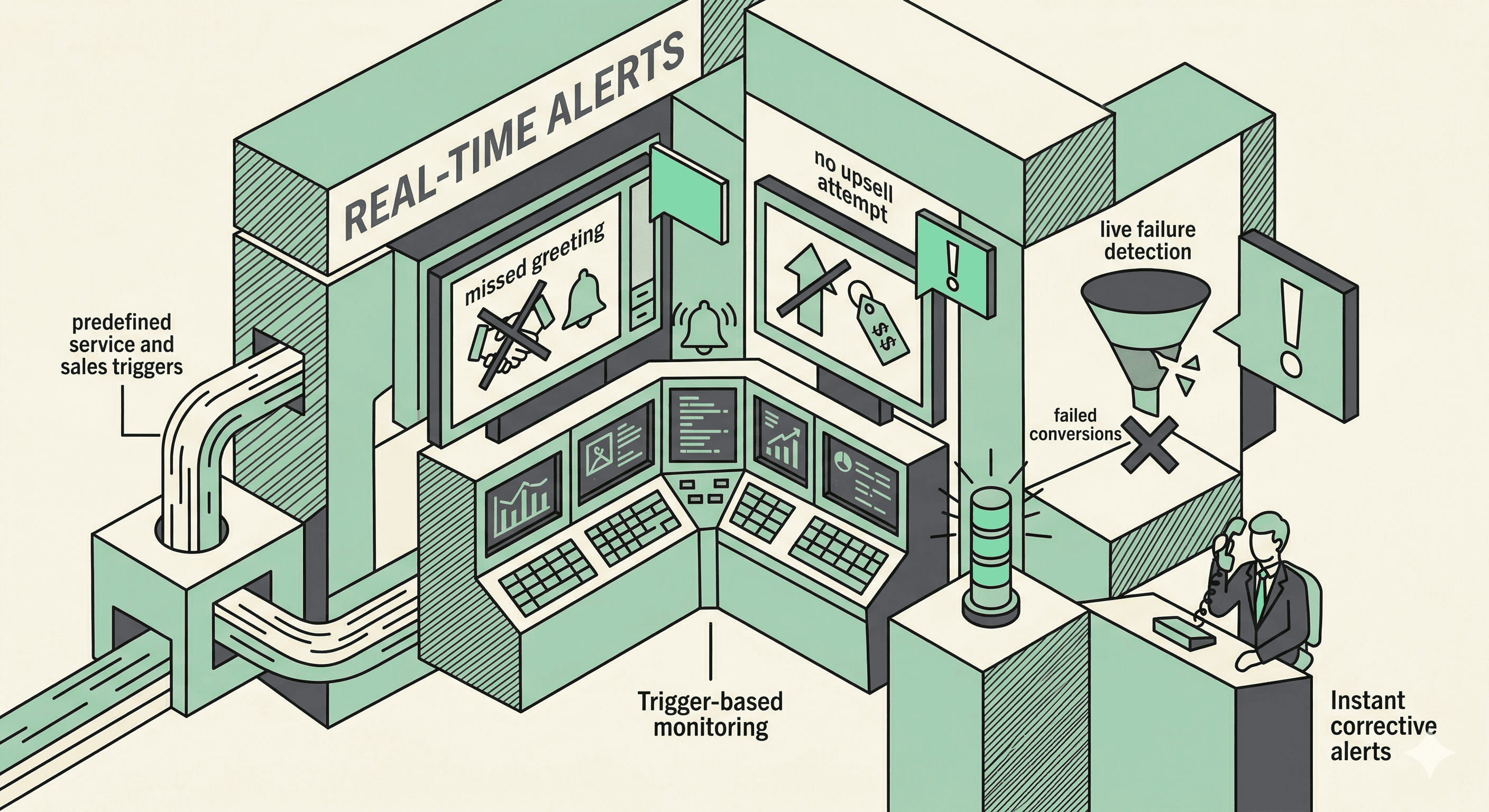 Isometric illustration of a real-time alert system control room showing missed greeting and no upsell attempt warning screens, predefined service and sales trigger inputs, trigger-based monitoring panels, failed conversion funnel, live failure detection indicators, and instant corrective alert notifications