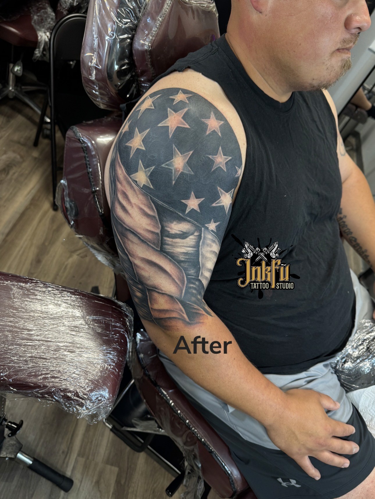 After: Flag Cover-Up Sleeve, a finished cover-up tattoo on the shoulder by Meer Rich