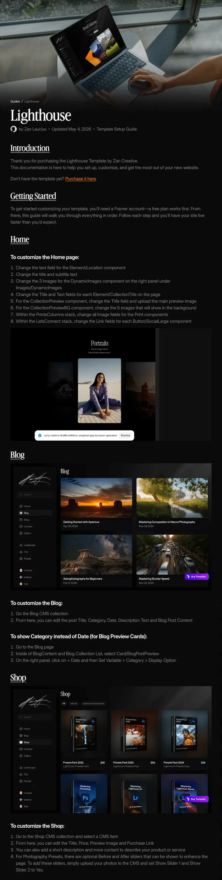 Tutorial page for website template