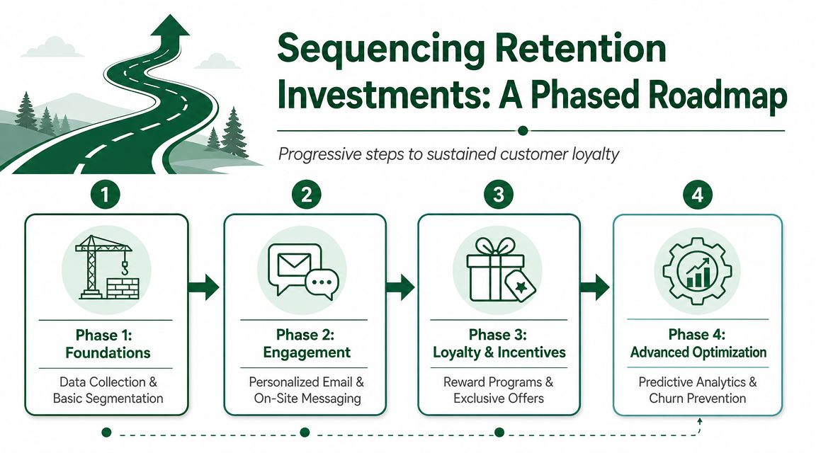 A four-phase roadmap diagram showing the progression of strategies for increasing customer retention and loyalty.
