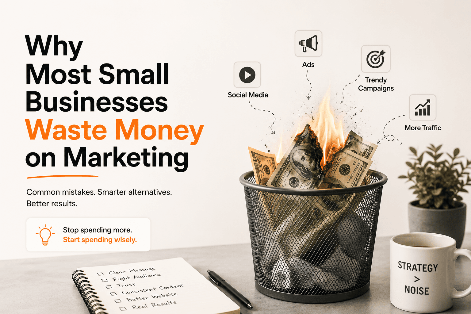 Editorial illustration showing money being burned in a trash bin to represent wasted marketing budgets and ineffective marketing strategies for small businesses.