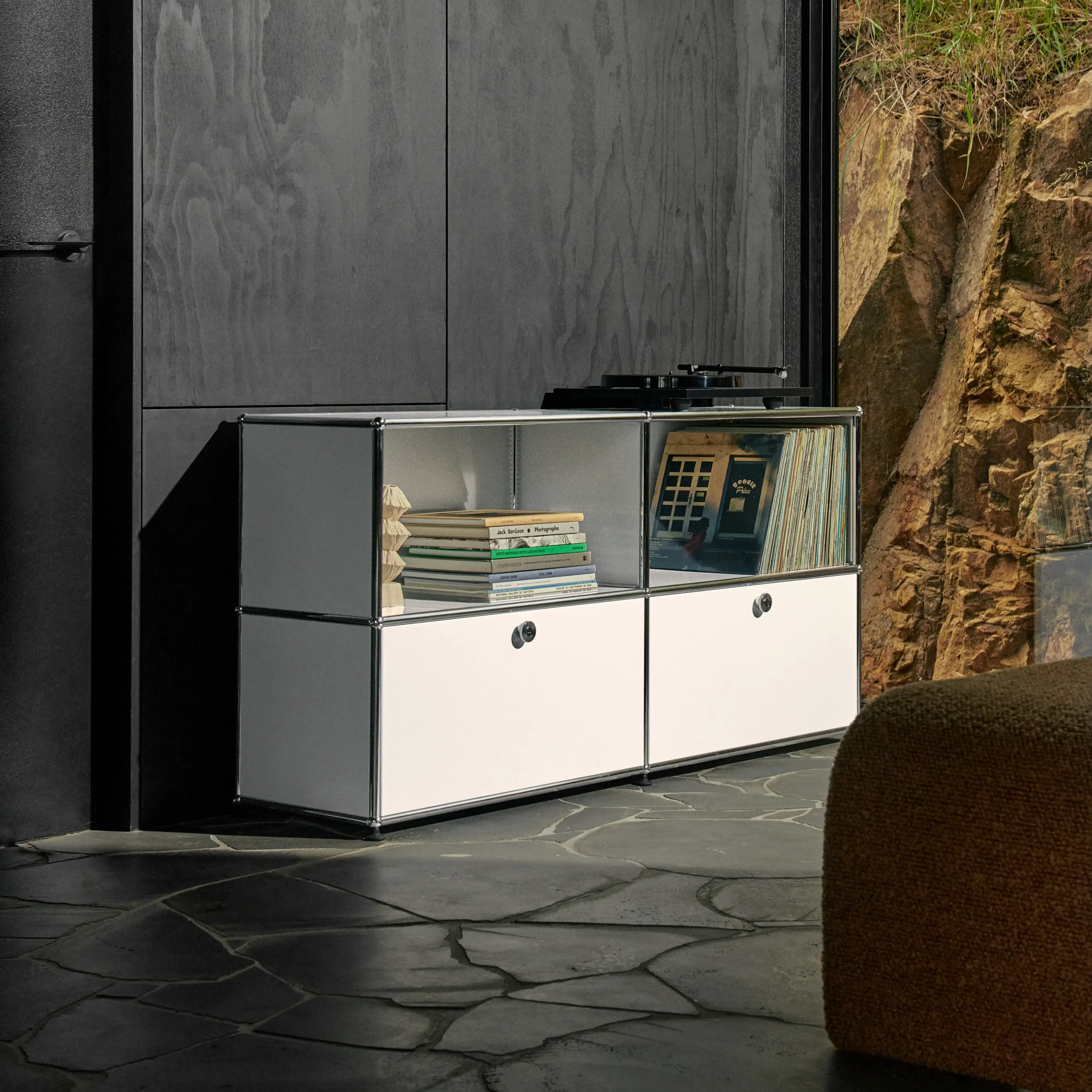 USM Haller C2A credenza, chromed tube frame with powder coated steel panels and two drop-down doors