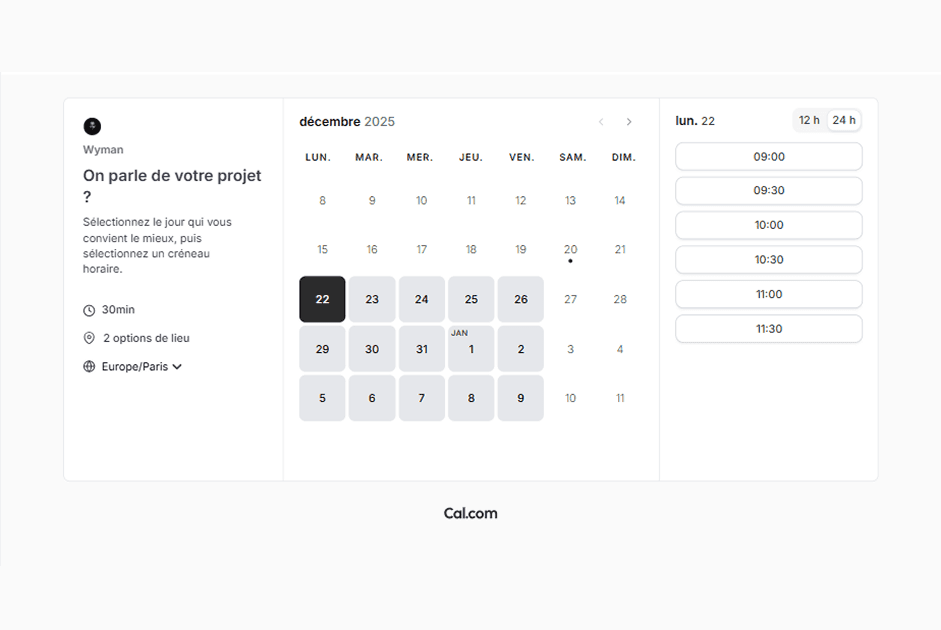 Aperçu du calendrier Cal.com intégré dans une page Framer en mode preview