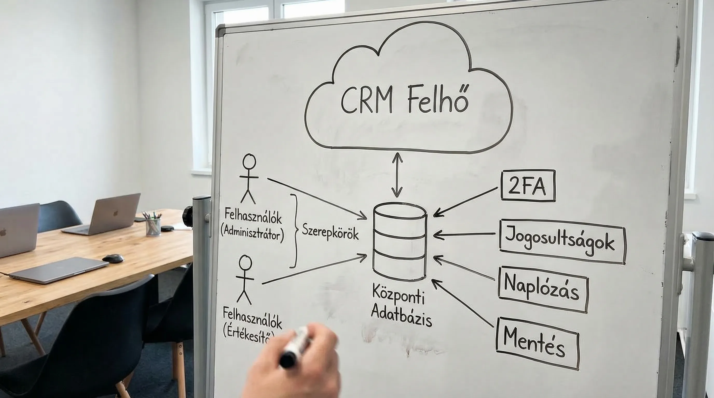 Egyszerű ábra egy felhőben futó CRM rendszerről: felhasználók szerepkörökkel kapcsolódnak egy központi adatbázishoz, mellette „2FA”, „Jogosultságok”, „Naplózás”, „Mentés” címkék.