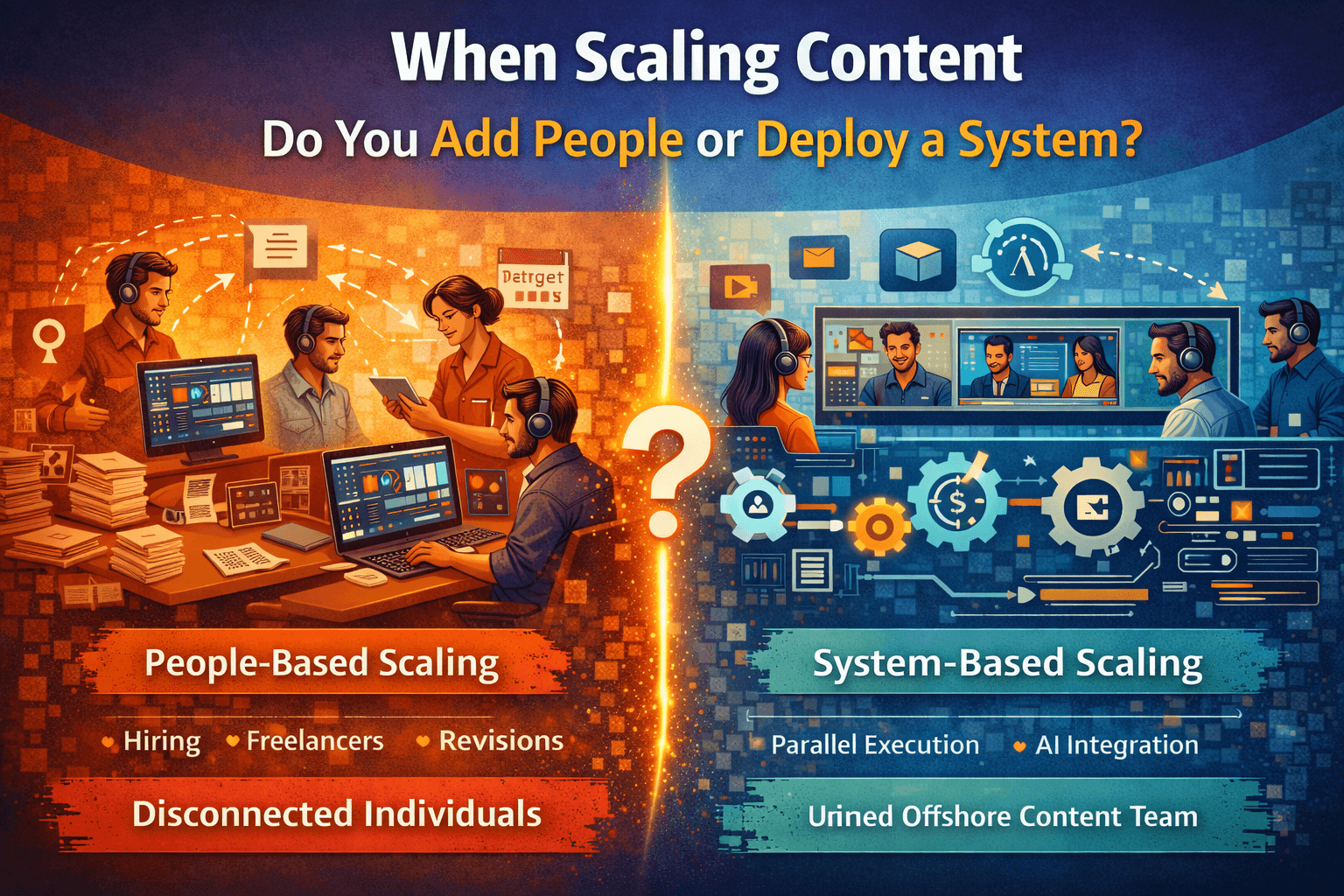 A diverse team collaborates in a modern office, with screens displaying video calls and digital work.