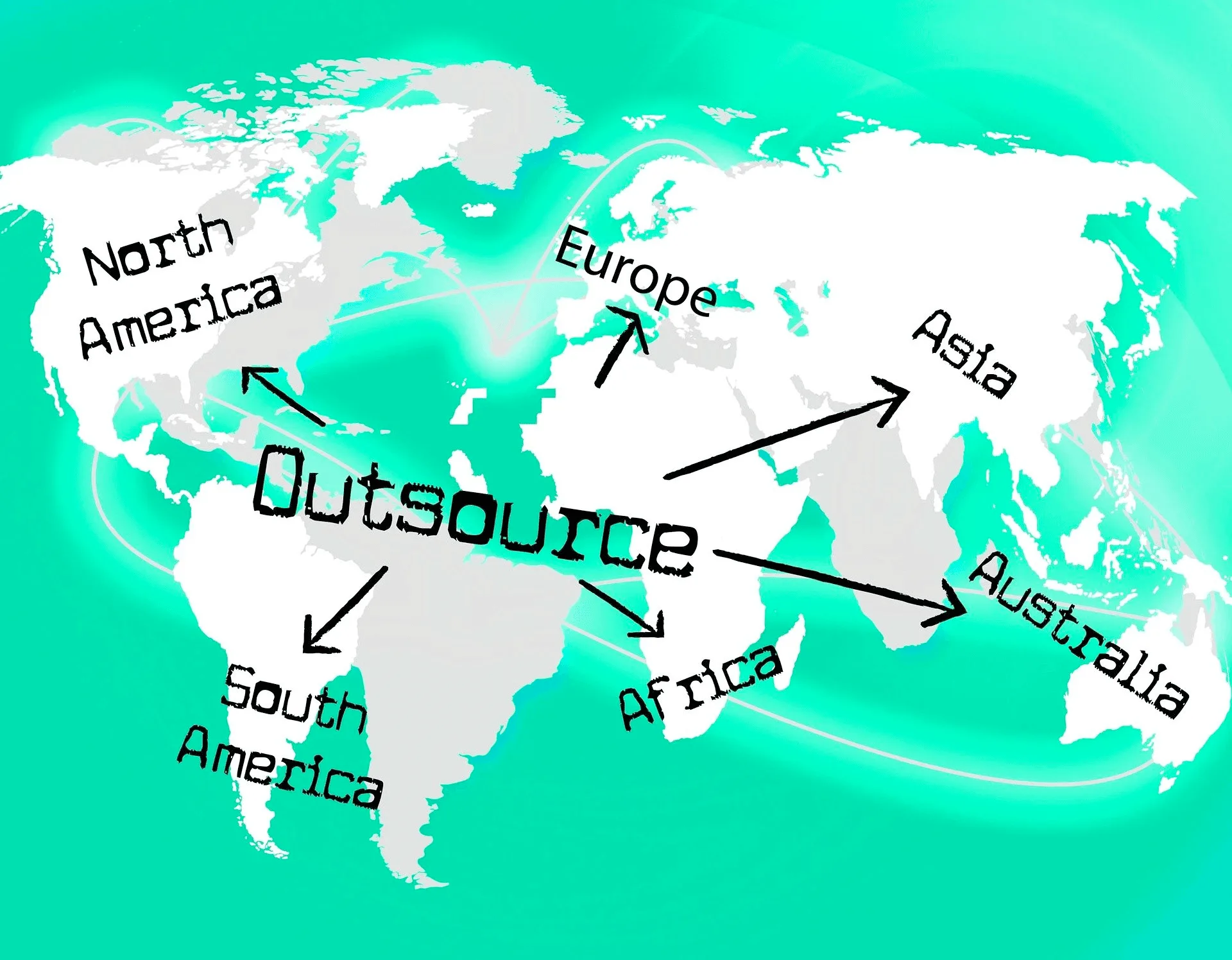 World map with arrows pointing to global regions labeled "Outsource," illustrating offshore software development locations worldwide.