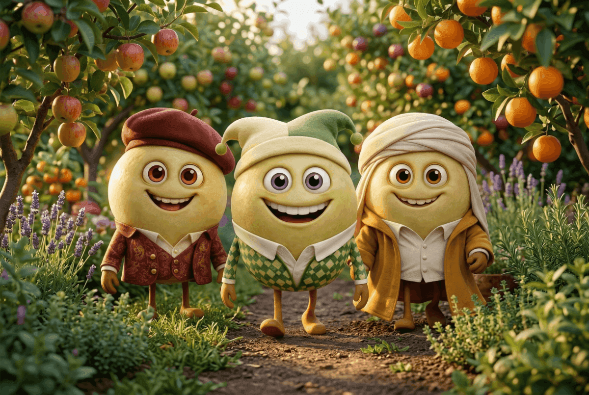 Uncorkables Aromatic Whites grape varieties in a group picture in an orchard full of fruit and herbs