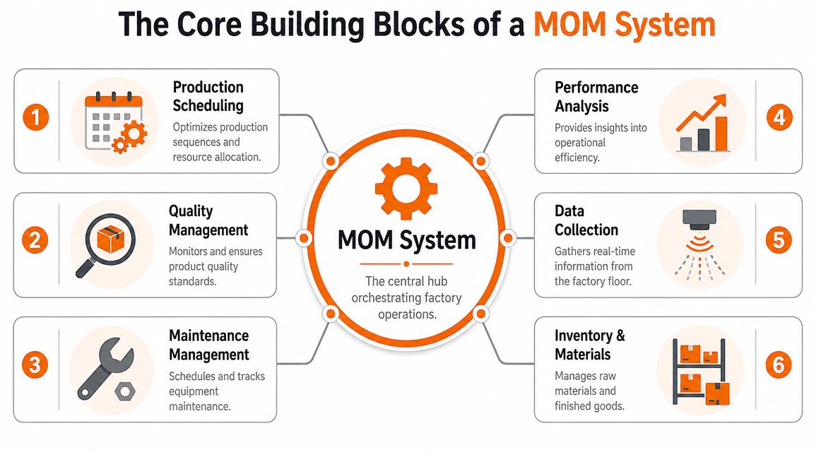 A diagram illustrating the six core building blocks of a Manufacturing Operations Management system and its functions.