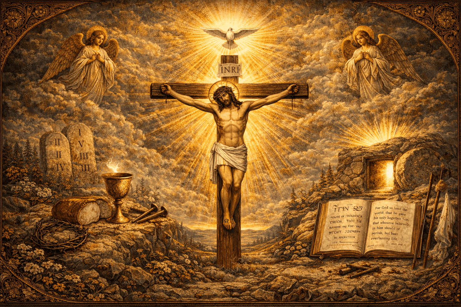 Book of Romans summary Byzantine Christian image of Christ crucified with kneeling figures and an open Bible, symbolising salvation by faith, grace and the Gospel in Romans.