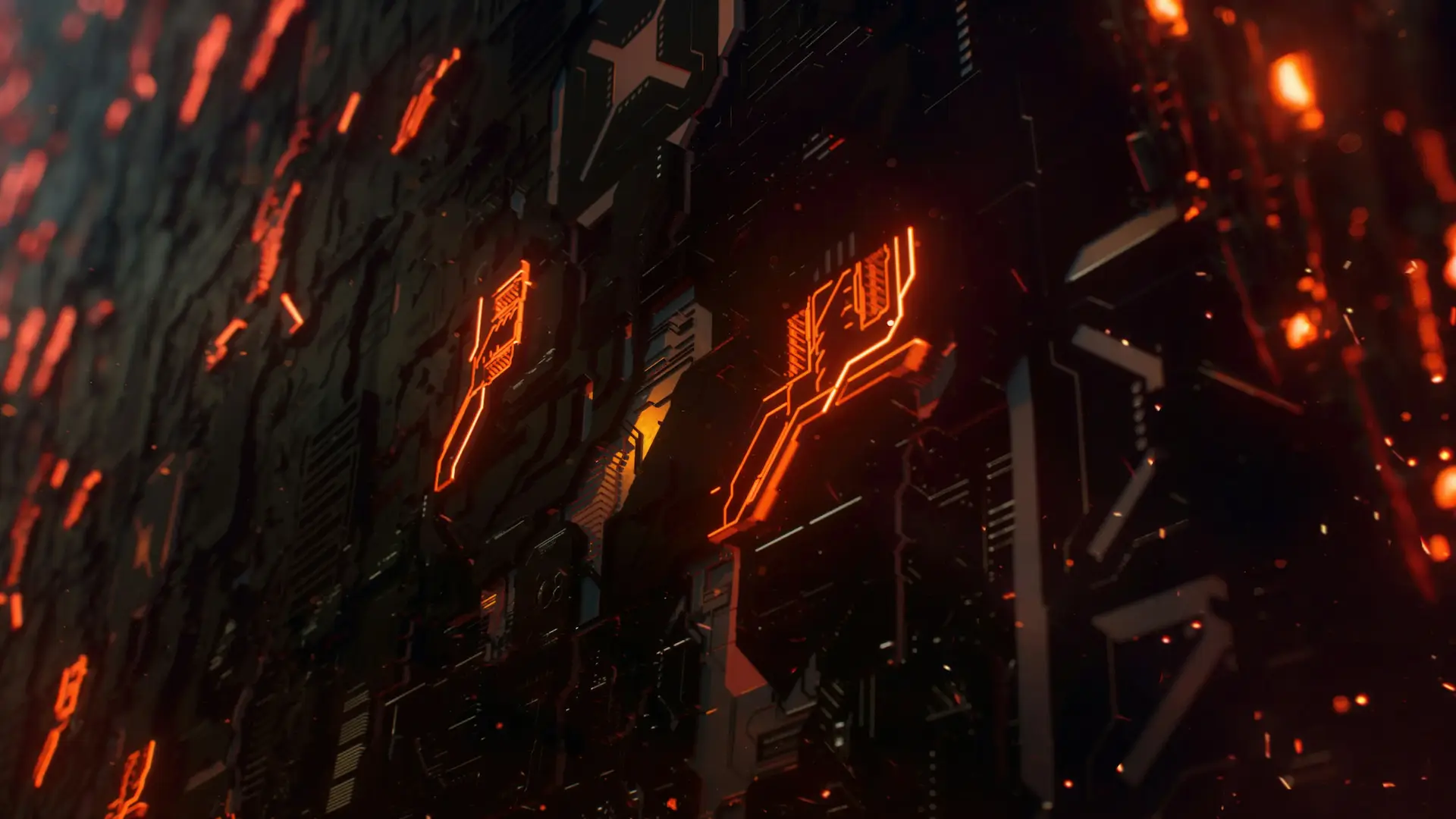 Abstract close-up of glowing orange circuit-like patterns against a dark background