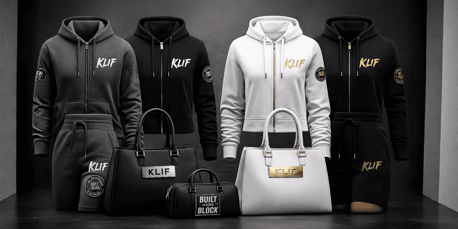 KLIF Brand's premium streetwear collection featuring hoodies, shorts, and handbags, combining urban aesthetics with leadership-focused design.