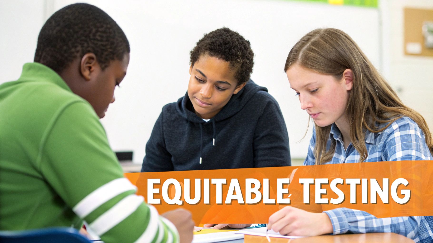 A diverse group of students collaborating in a modern, well-lit classroom.