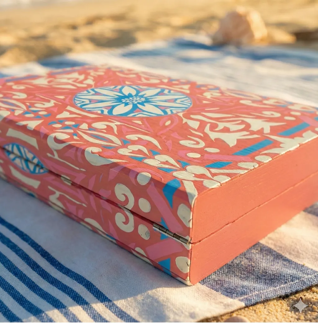 The closed "Happy Shesh" backgammon box featuring an orange lid with detailed, flowing custom pattern illustrations.
