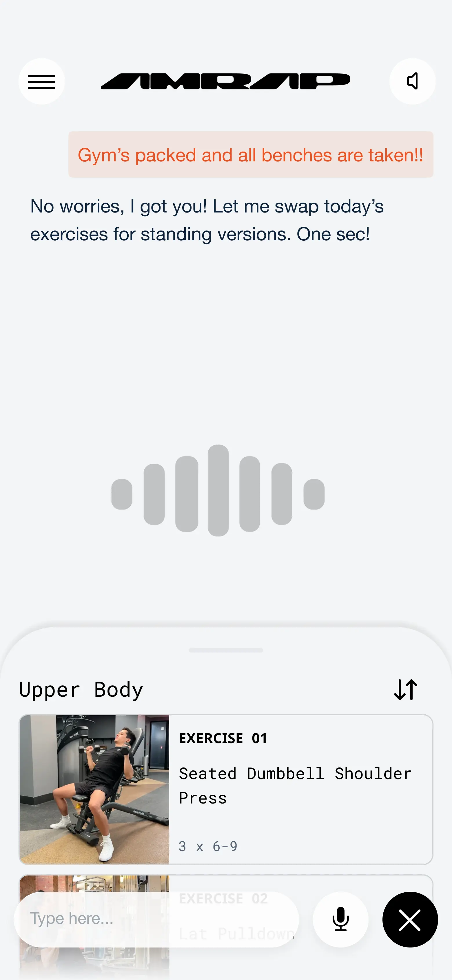 Amrap app screen editing a workout program by voice