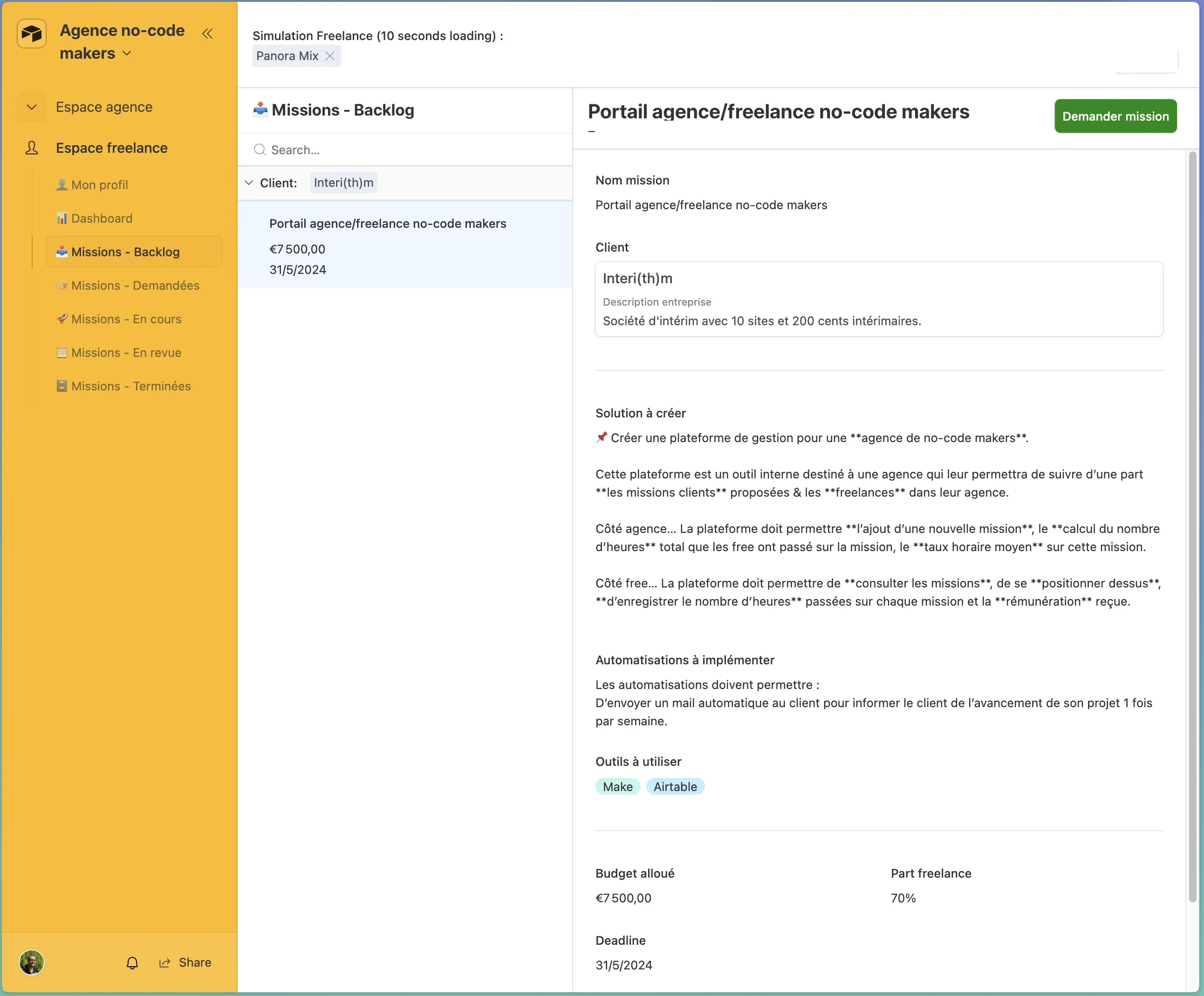 Espace Freelance - vue backlog missions