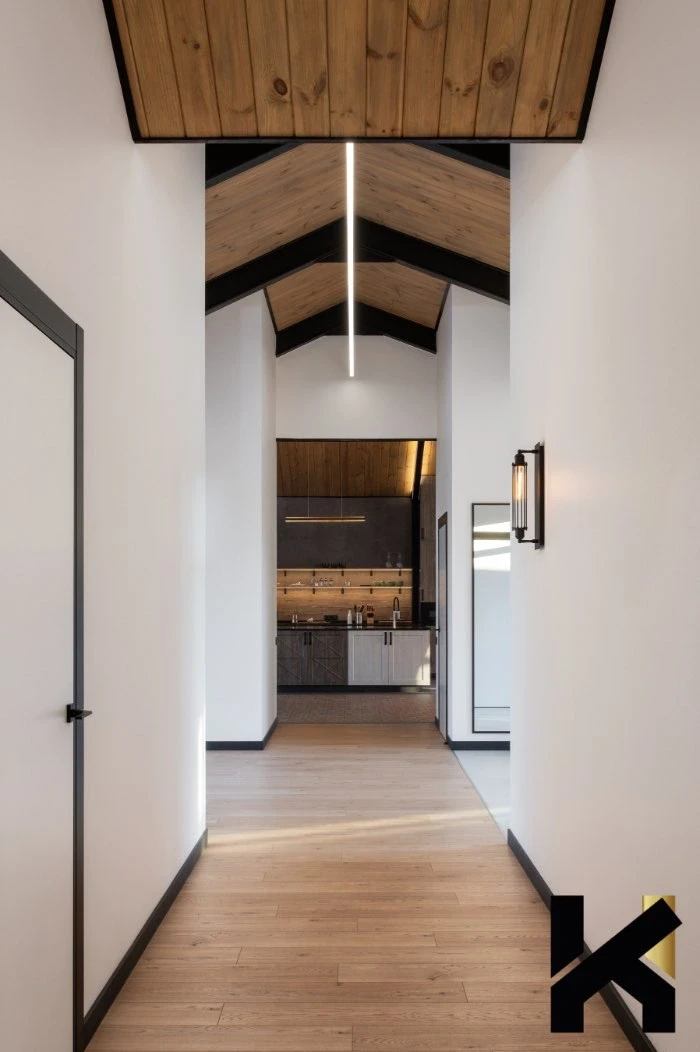 Сучасна вбудована шафа з антресолями у вітальні. Мінімалістичні меблі без ручок з нішею під дерево та вбудованою підсвіткою. Виготовлення корпусних меблів на замовлення в Києві.