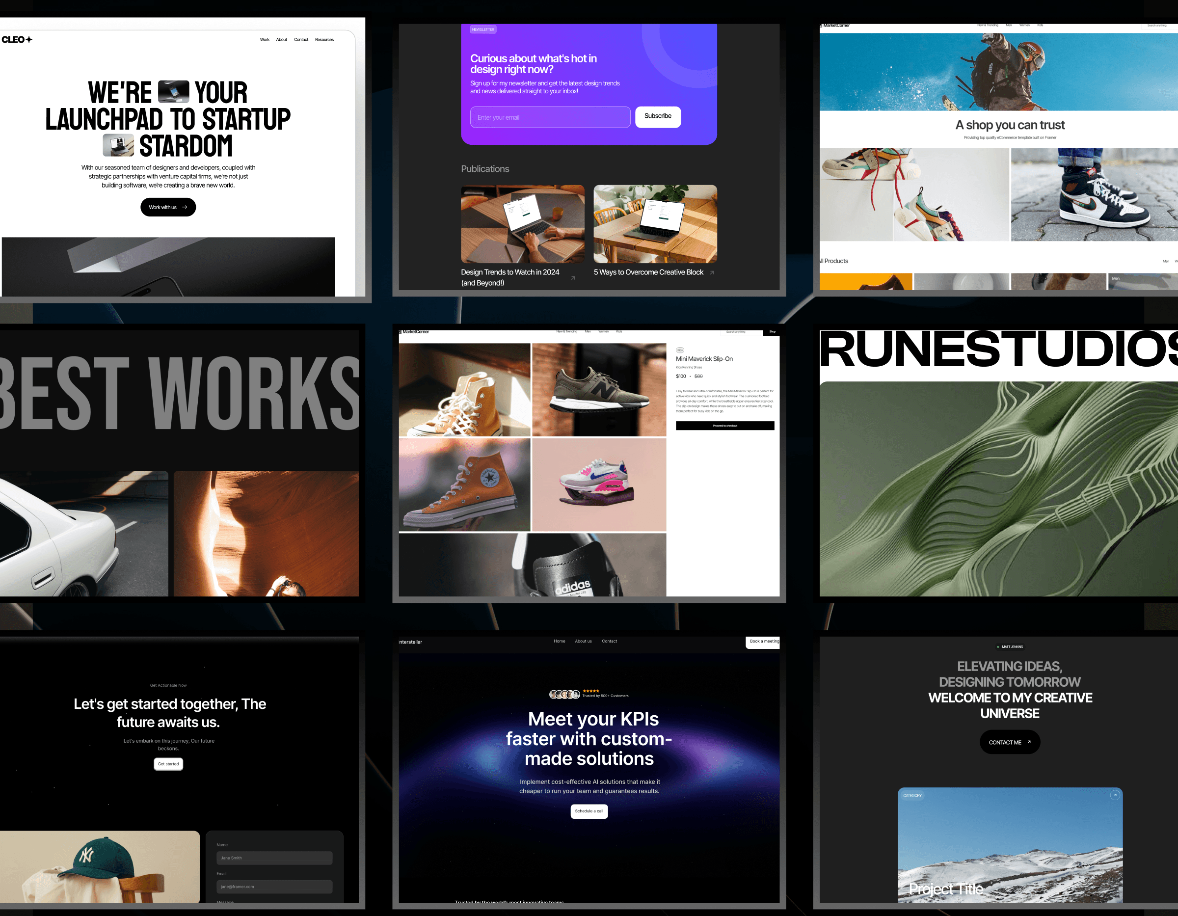 A grid layout showcasing nine different website designs. The top row features: a startup-focused site with a bold headline, a newsletter sign-up section on a purple background, and a product display page for a sports shoe brand. The middle row includes: a portfolio or work showcase with 'BEST WORKS' text, a gallery of sneakers, and a creative studio with abstract visuals. The bottom row highlights: a minimalist design with a 'Let’s get started' call to action, a KPI-focused site with a dark background and vibrant CTA button, and a creative agency with mountainous imagery and a welcoming message