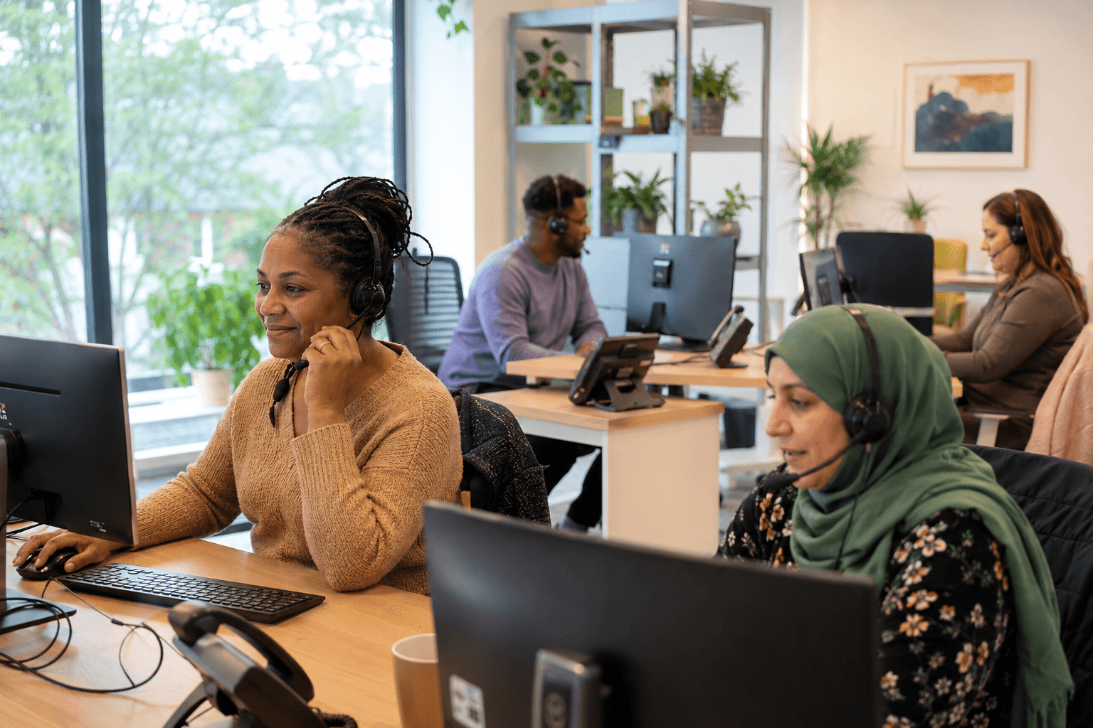 Care navigators wearing headsets helping patients by phone at the London Bridge hub