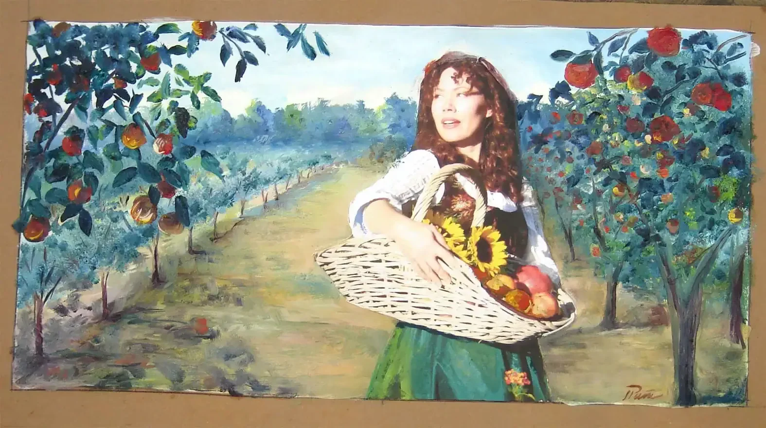 Colorful mosaic mural of a woman in an orchard holding a basket of fruit.