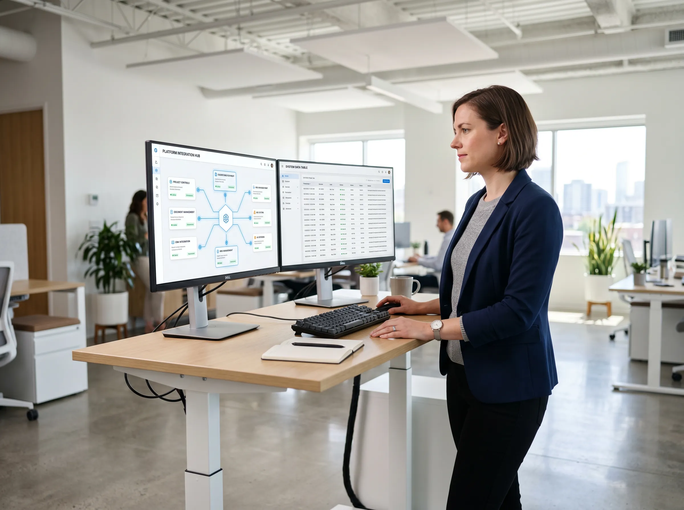 A woman in a modern office stands at a desk with dual monitors, analyzing data dashboards related to solar operations.