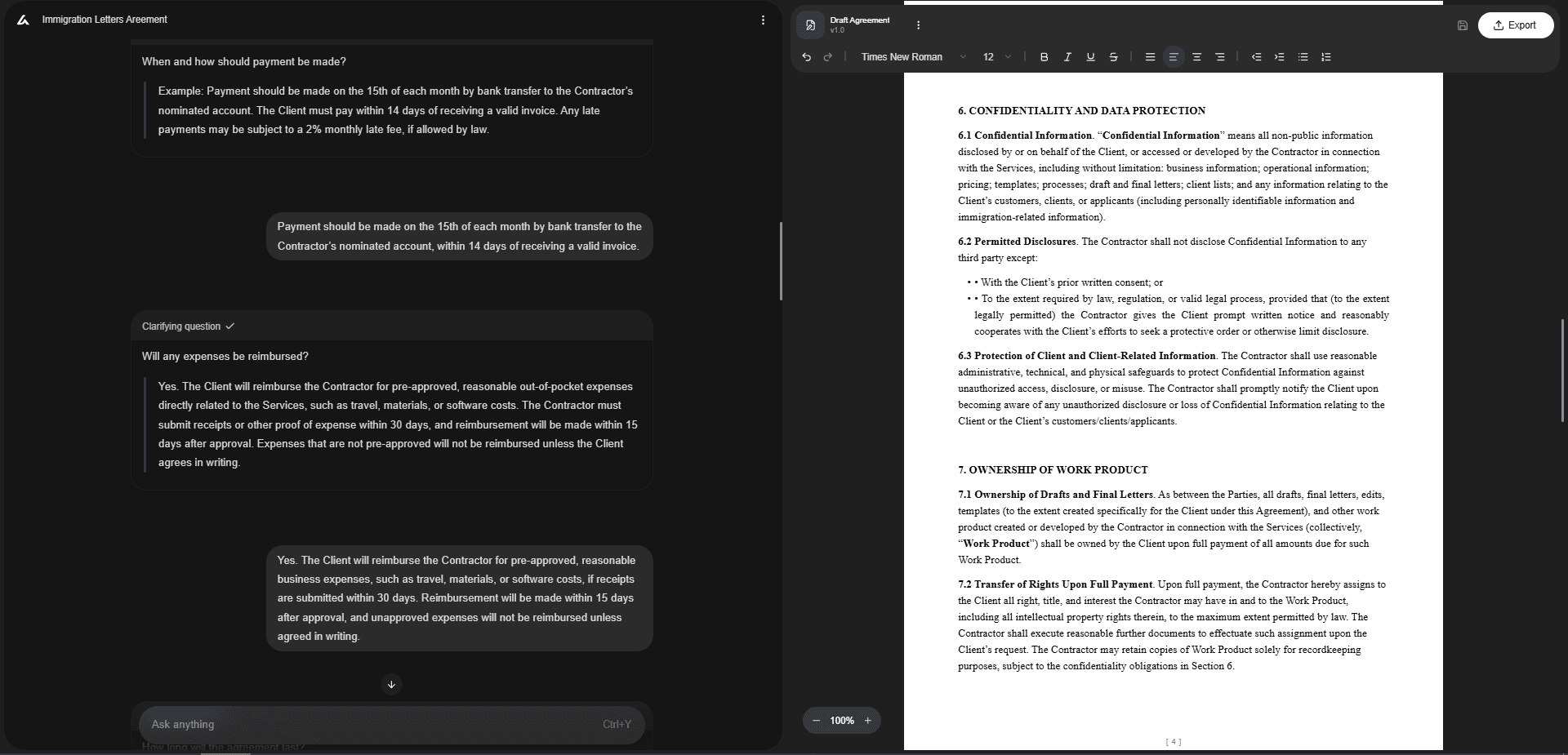 Split-screen view of an AI tool gathering payment and reimbursement terms for an immigration letters agreement while generating the contract draft on the right.