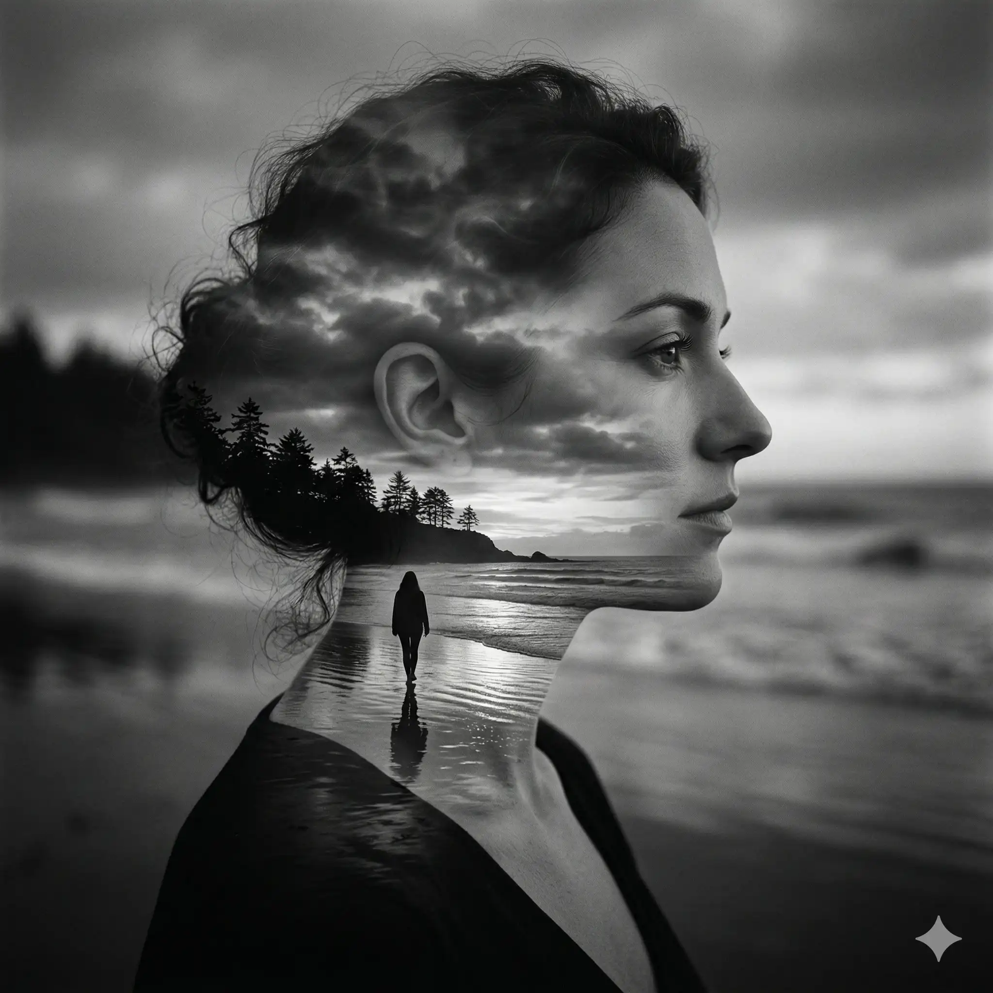 Black and white AI-generated double exposure portrait of a woman's side profile blended with a moody landscape of a lonely figure walking on a beach near silhouetted pine trees. Generated for the AI photography portfolio of Mahendra R.