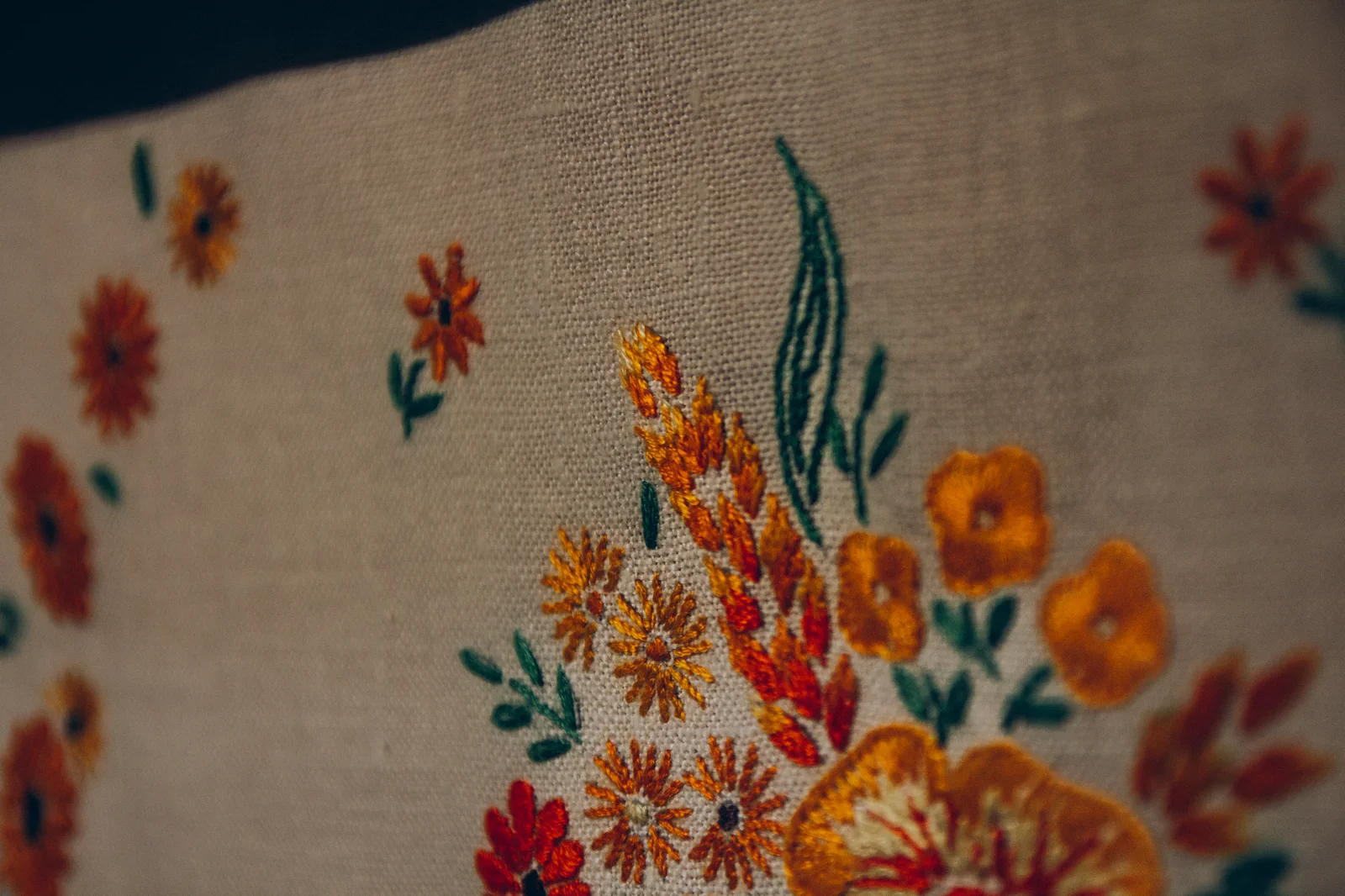 Close-up of embroidered floral fabric
