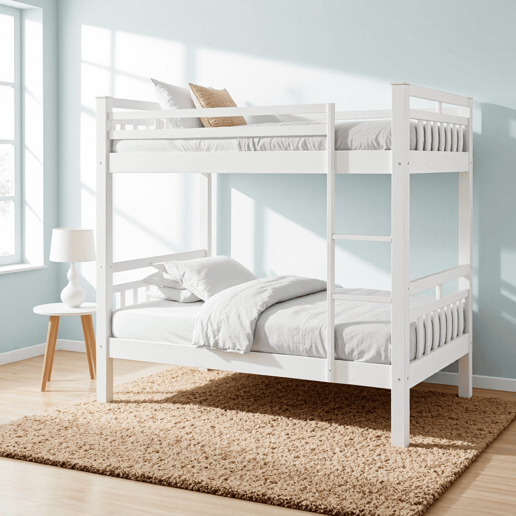 product photography of bunk bed with a ladder and mattresses