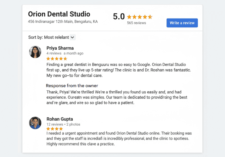 Google Reviews page for Orion Dental Studio displaying 5-star ratings and positive customer testimonials.