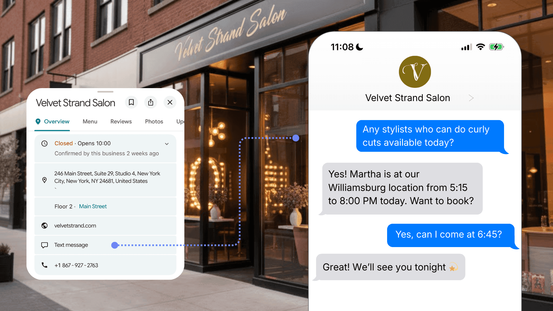 A salon called Velvet Strand has a Google listing with the option to text the salon. The text message from the customer is asking for an appointment for a cut when they have curly hair, and the salon is able to schedule a cut the same day.