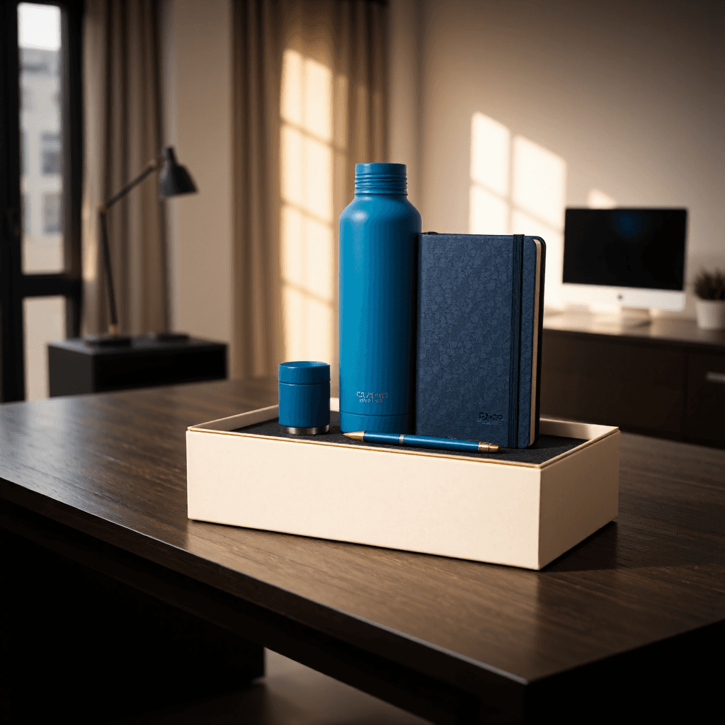 product photography of gift set containing a thermos, notebook, and pen