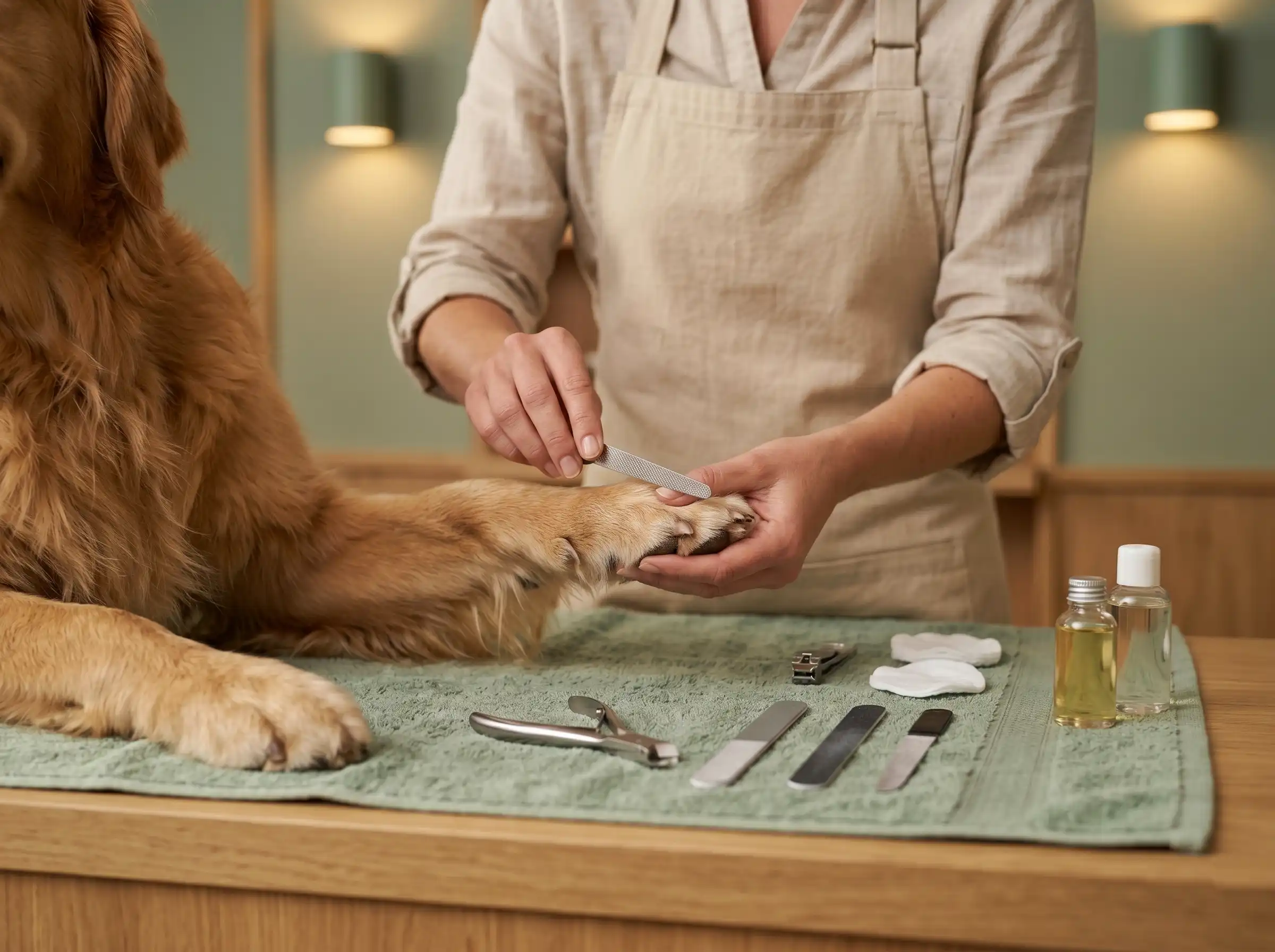 Close-up of a dog’s paw during nail trimming and paw care treatment.