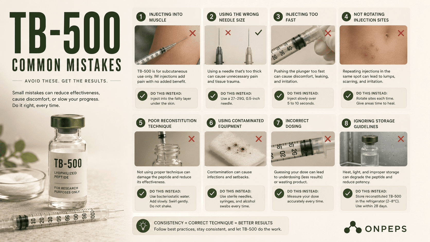 Common mistakes people make while using and storing TB-500 peptide, by ONPEPS, the best research-backed peptide information source.