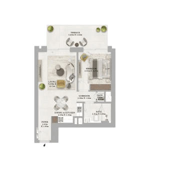 Floor plan of a 1-bedroom apartment at Creek Haven, showcasing room layout and dimensions.