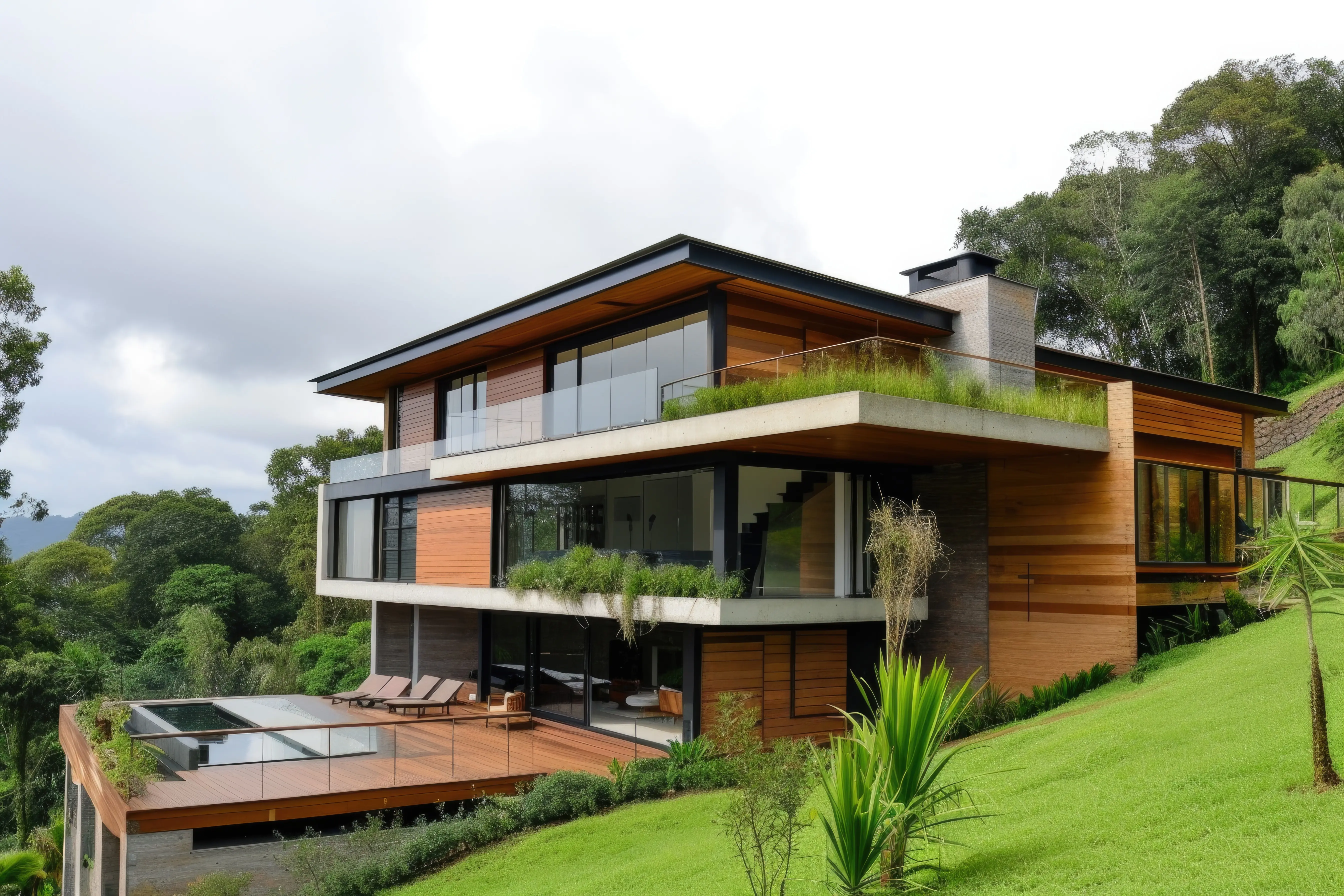 Large modern luxury home with curved and angular architecture.