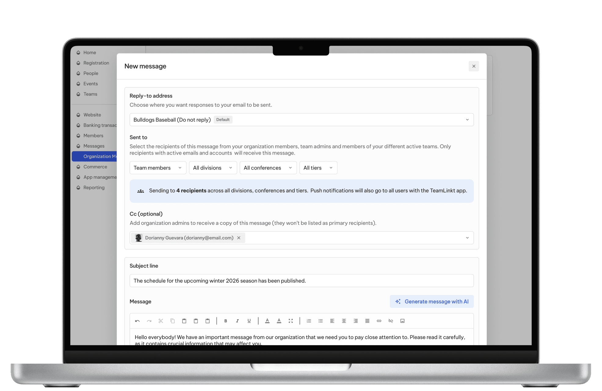 TeamLinkt Organization Messages