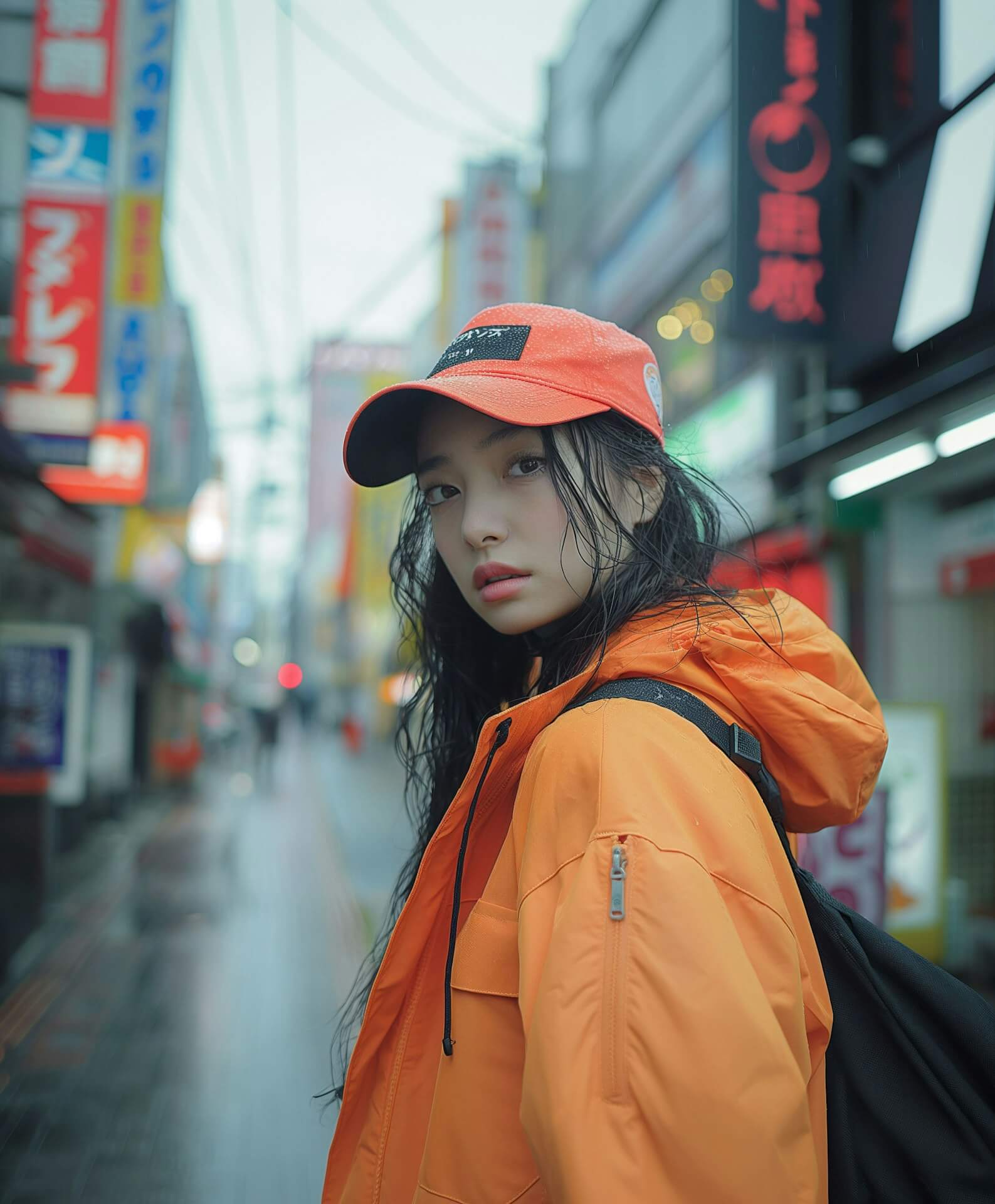 A woman wearing an orange jacket and hat stands confidently on a bustling street