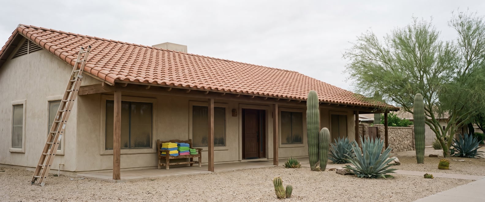 A four-bedroom Mesa stucco home from the street before a deep clean, ladder standing at the eave, barrel tile roof and gravel yard