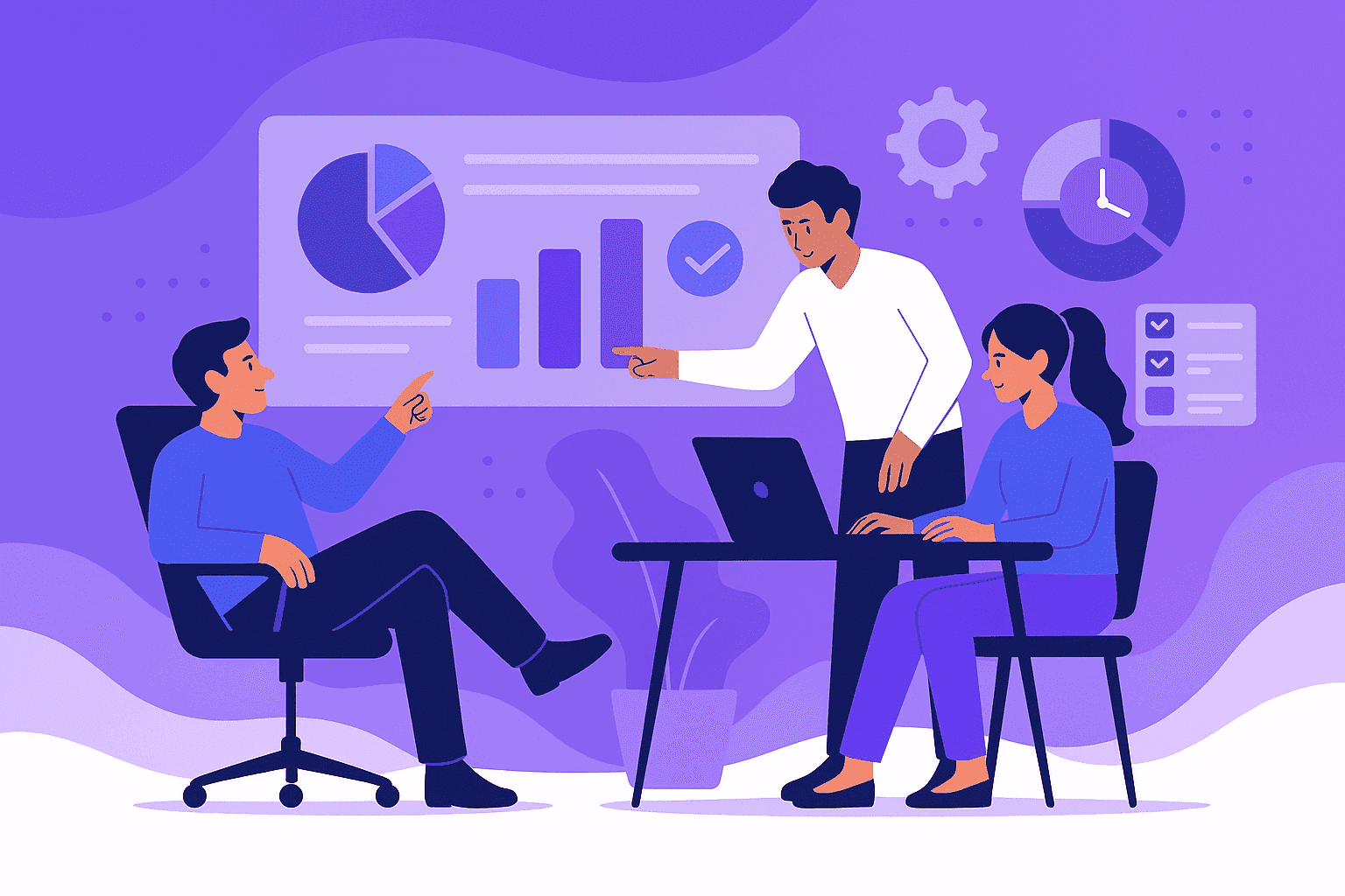 Modern flat illustration of three professionals collaborating in a purple-blue office environment, representing harmony between oversight and productivity.