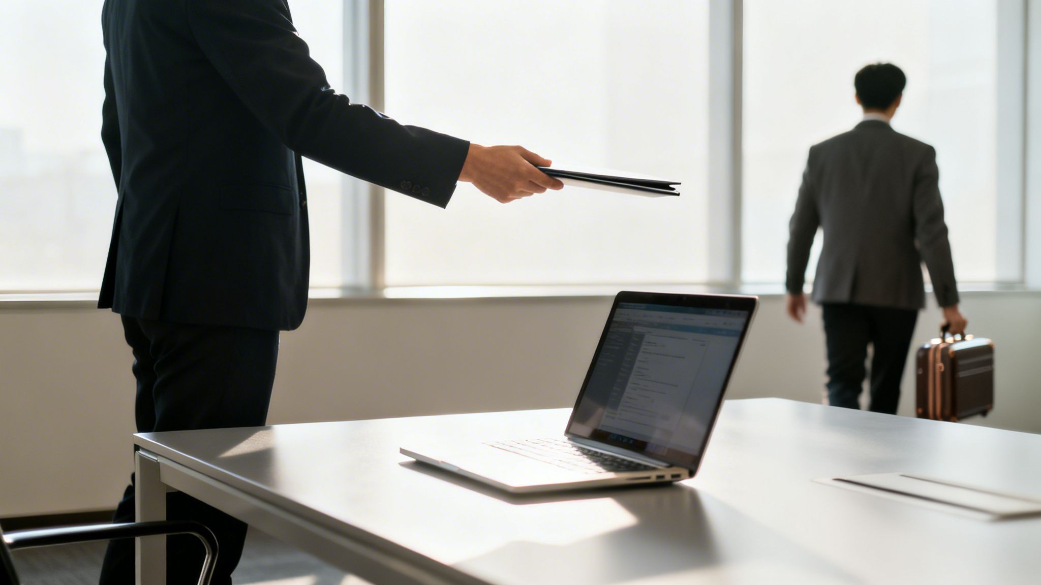 En forretningsmand overrækker dokumenter, mens en anden forlader et lyst kontor med en mappe.