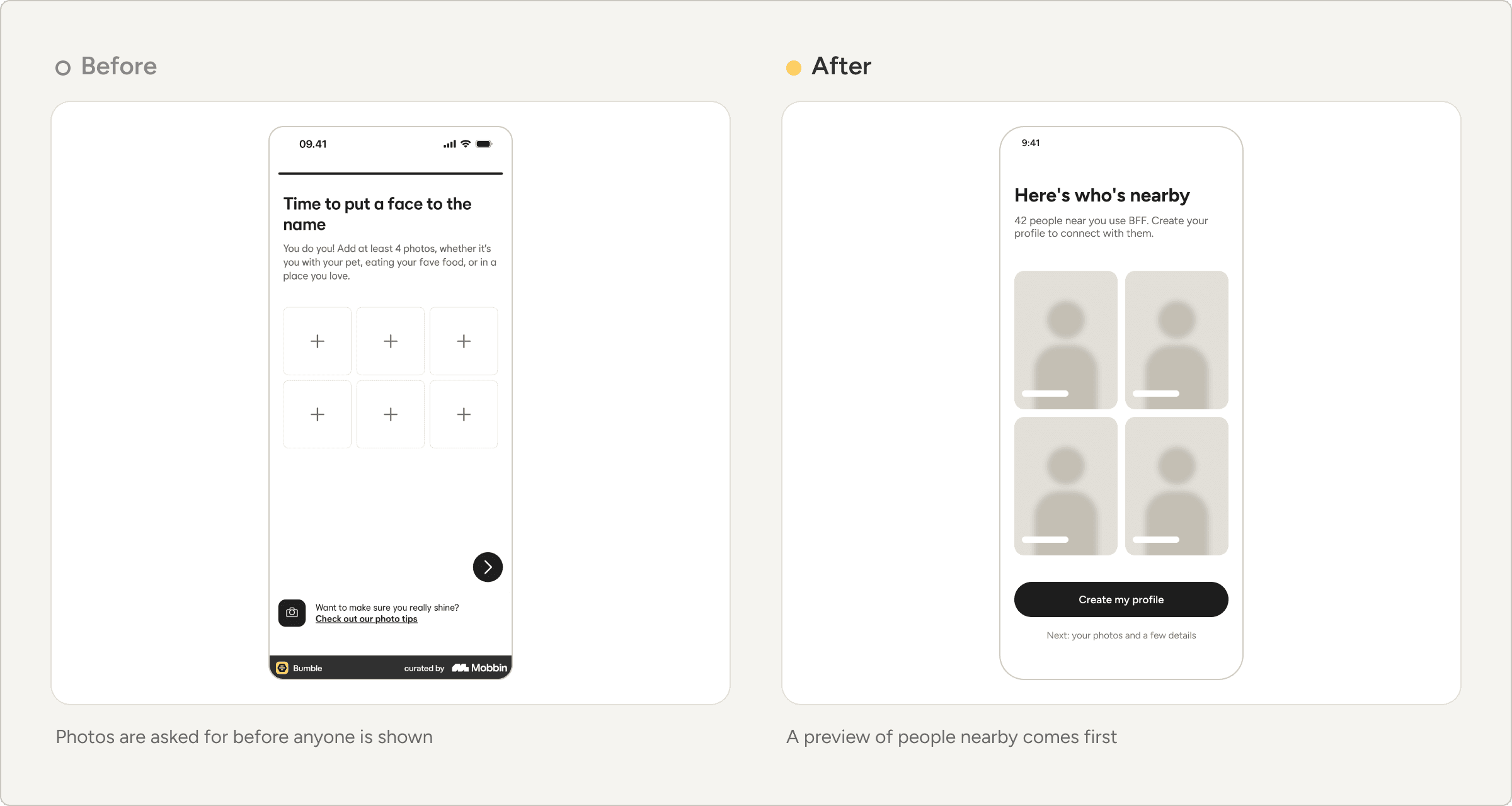 Left: Bumble's photo upload step. Right: a redesigned screen showing blurred cards of people nearby with the message 42 people near you use BFF, and a button to create a profile to see them.