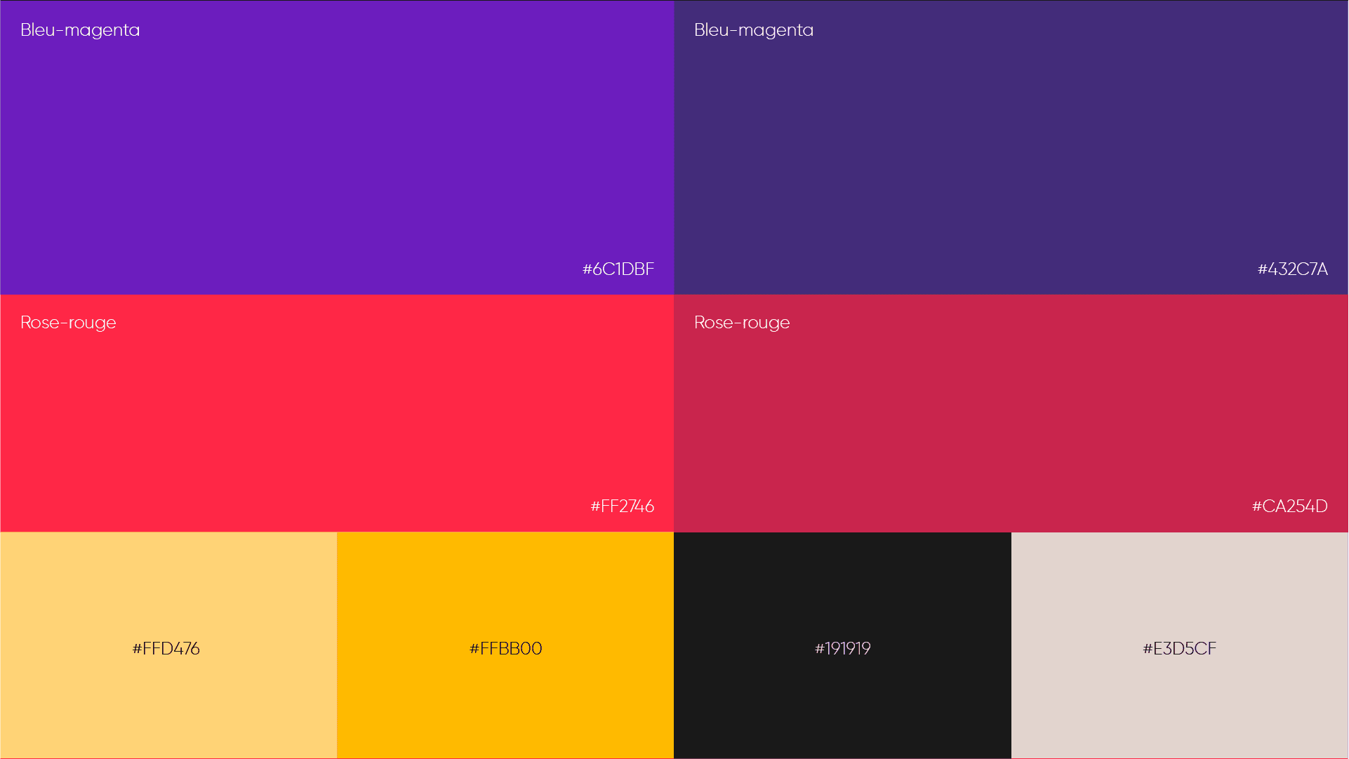 Palette de couleurs comprenant des tons de bleu-magenta, rose-rouge, jaune et noir, avec des codes hexadécimaux correspondants : #6C1DBF, #432C7A, #FF2746, #CA254D, #FFD476, #FFBB00, #191919, #E3D5CF.