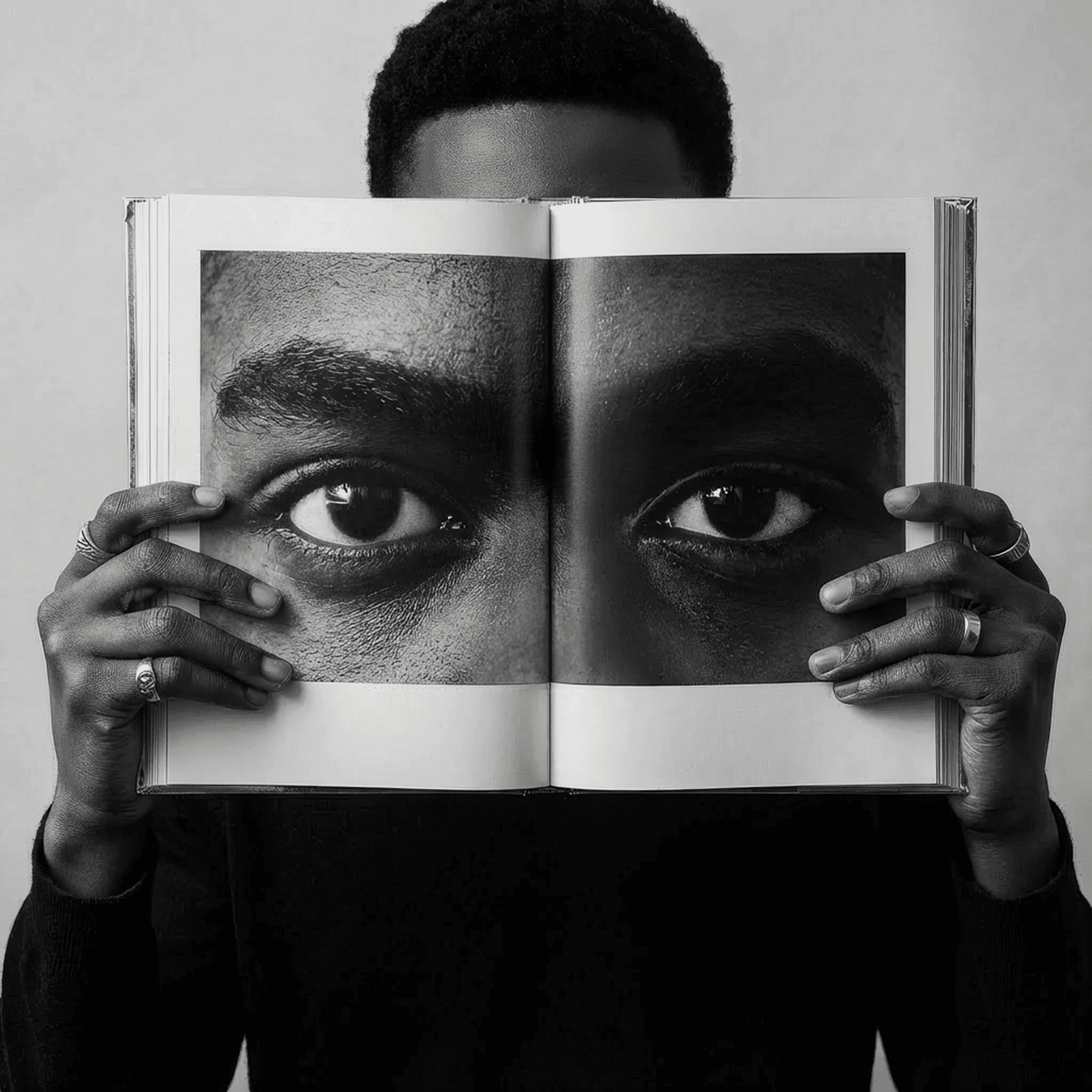 Person with light blue shirt looks to his right side