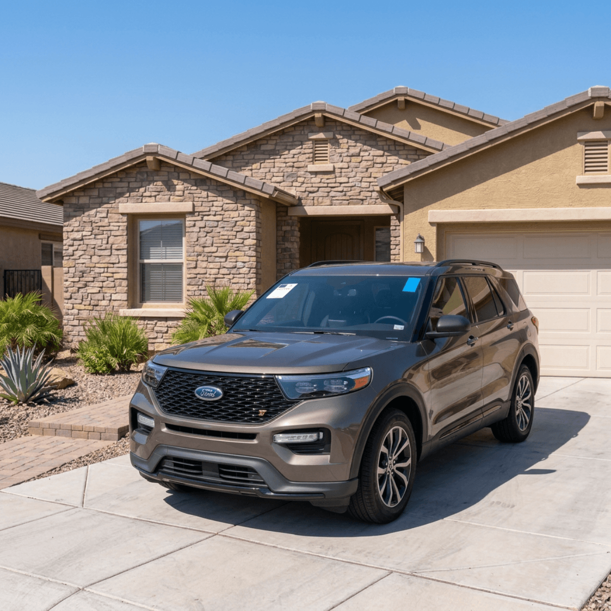 Windshield replacement completed on a gray Ford Explorer at a home in Tucson, Arizona