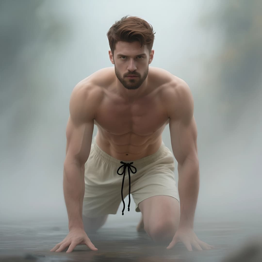 ein attraktiver mann, obenohne kniet im nebel