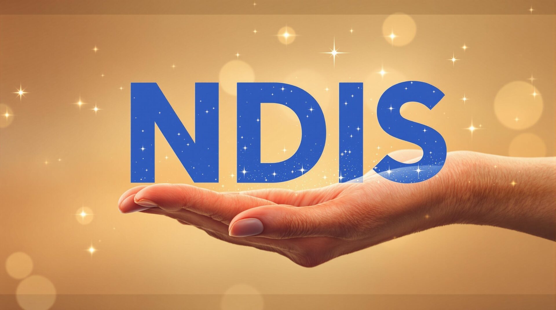 The word “NDIS” in bold blue letters floats above an open hand, symbolising support and empowerment, against a warm golden background with sparkles